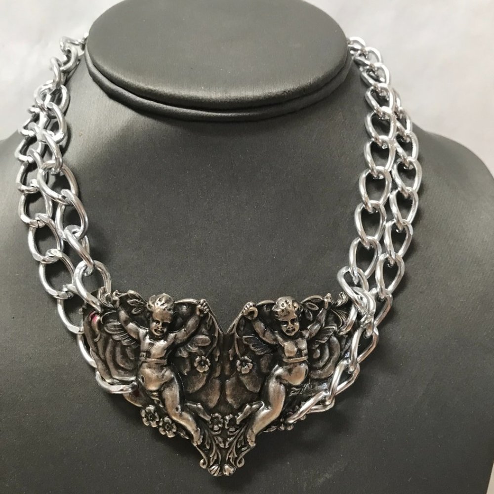 Cherub Angel Victorian Art necklace Double Chain Gothic Pendant Silver plated